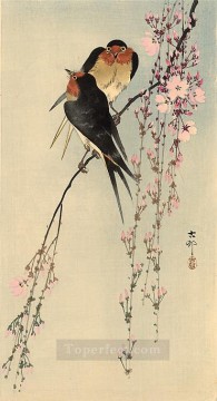 満開の桜の上に二羽のツバメ 大原公孫鳥 Oil Paintings